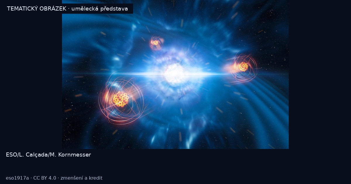 Vznik stroncia při srážce neutronových hvězd – umělecká představa