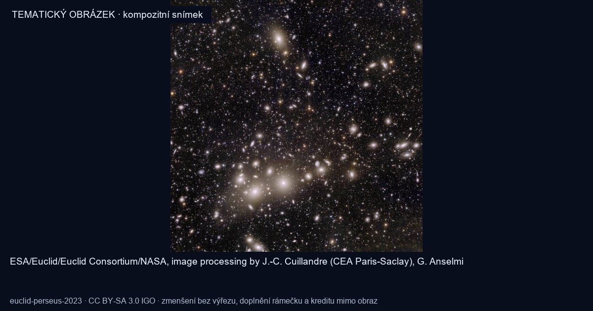 Světlé eliptické galaxie kupy Perseus a množství menších vzdálených galaxií v záběru Euclidu