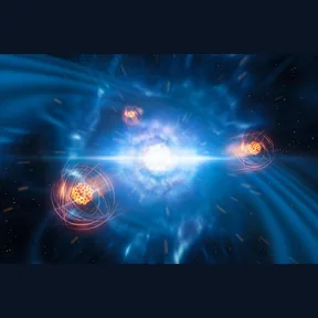 Vznik stroncia při srážce neutronových hvězd – umělecká představa