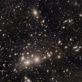 Světlé eliptické galaxie kupy Perseus a množství menších vzdálených galaxií v záběru Euclidu